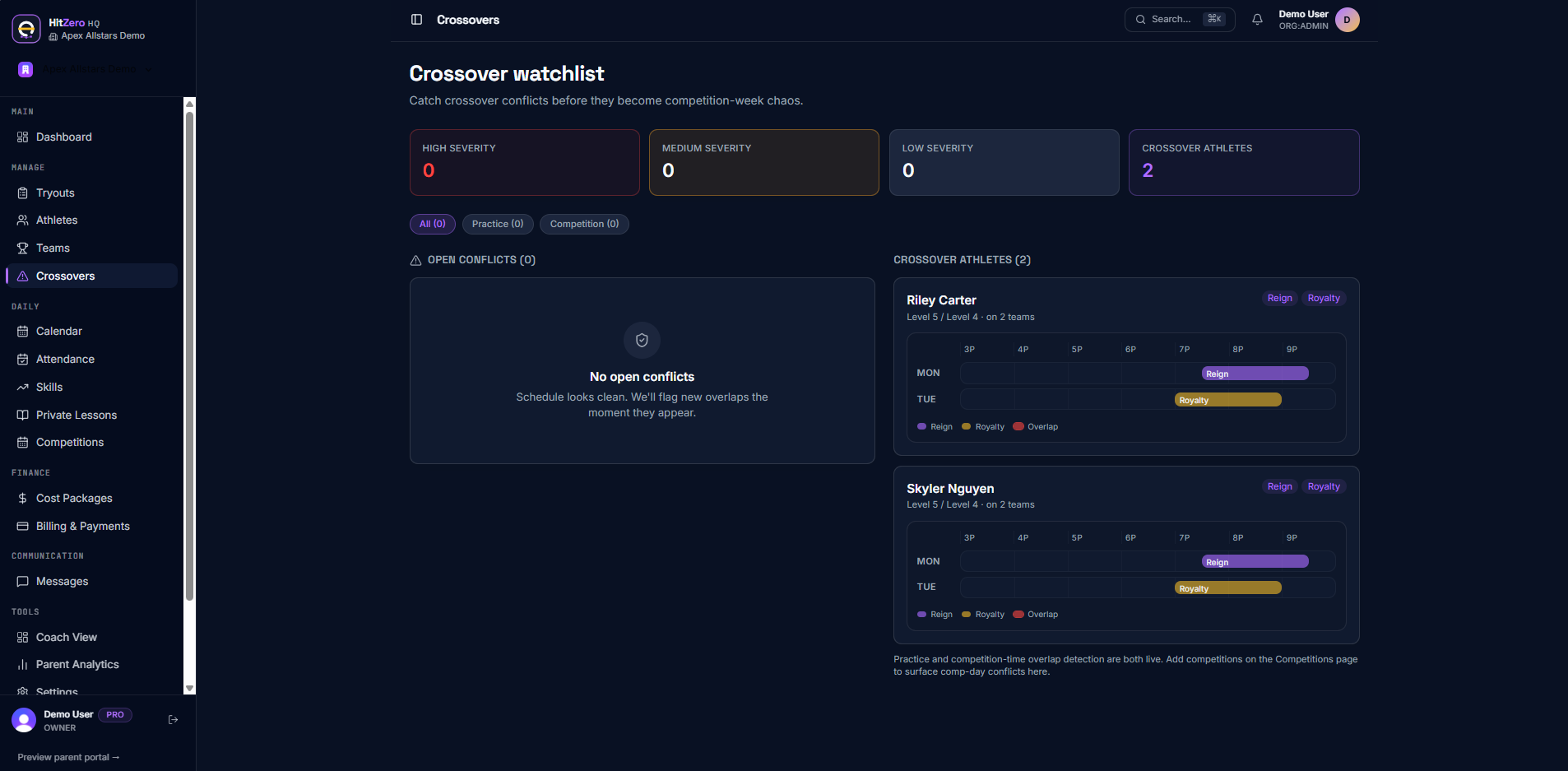 HitZero HQ crossover conflict view with severity and suggested fixes