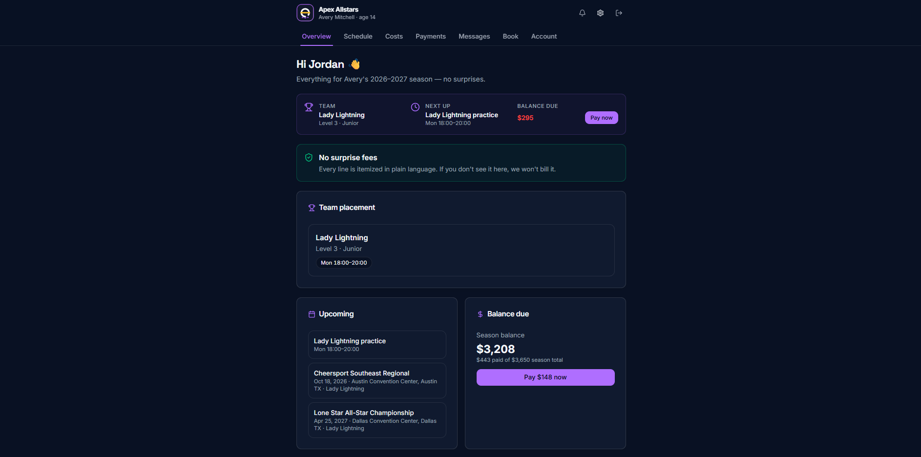 HitZero HQ parent portal with tuition, fees, and schedule
